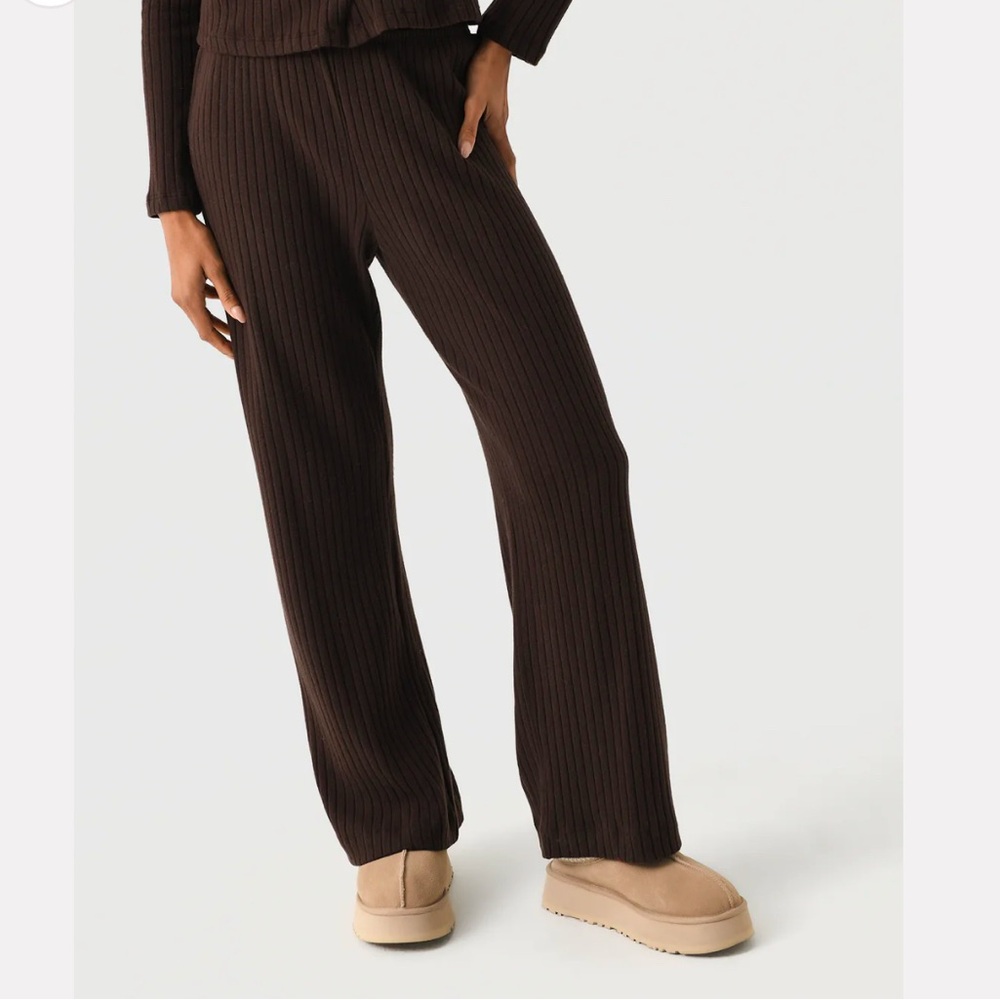 Ribbed Knit Wide-Leg Track Pants - Brown